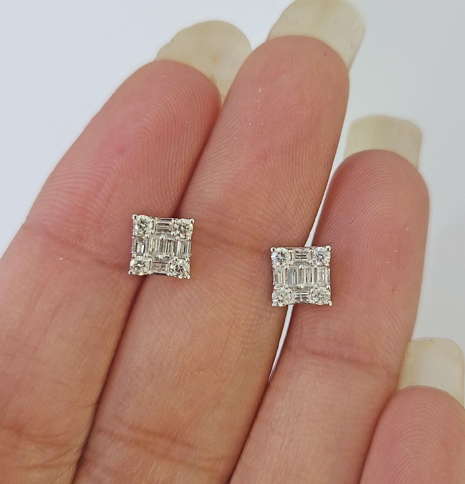 10k White gold Sqaure Earrings Real Diamond screw - back Women Men Studs - GoldenlinQ